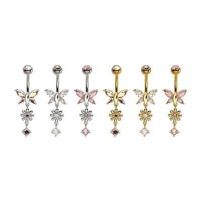 Butterfly With Flower and Round Gem Dangle Navel