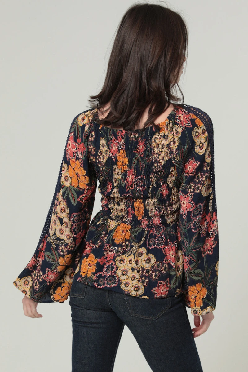 Navy Multi V Neck Blouse With Long Sleeves