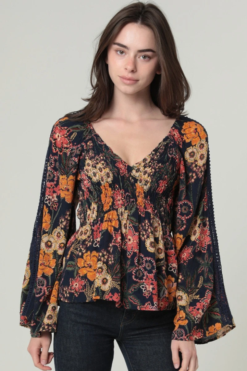 Navy Multi V Neck Blouse With Long Sleeves