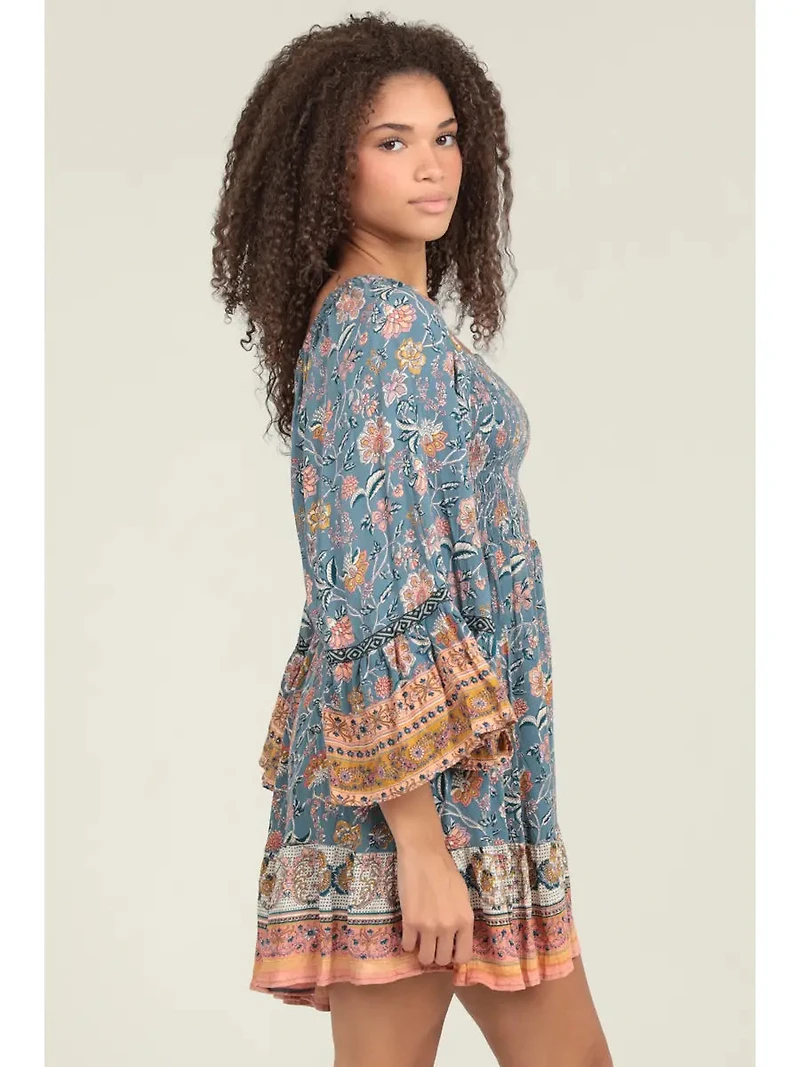 Wide Bell Flare Sleeves Smocked Bodice Dress