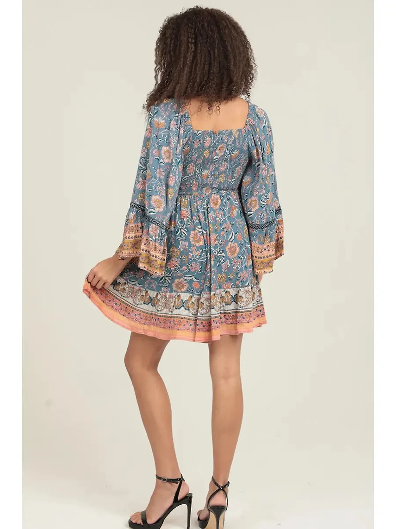 Wide Bell Flare Sleeves Smocked Bodice Dress