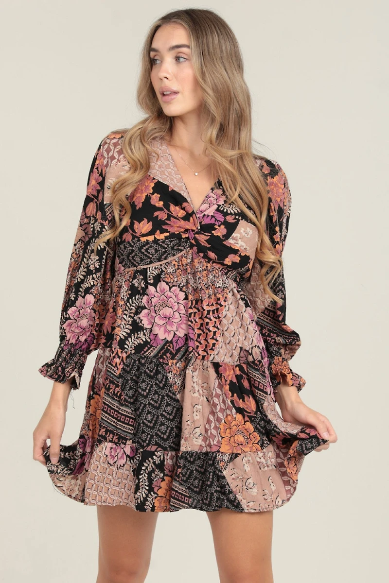 Black Long Sleeve V Neck Print Short Dress