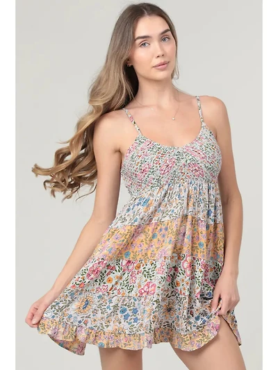 Smocked Bust V Neck Mixed Print Sundress