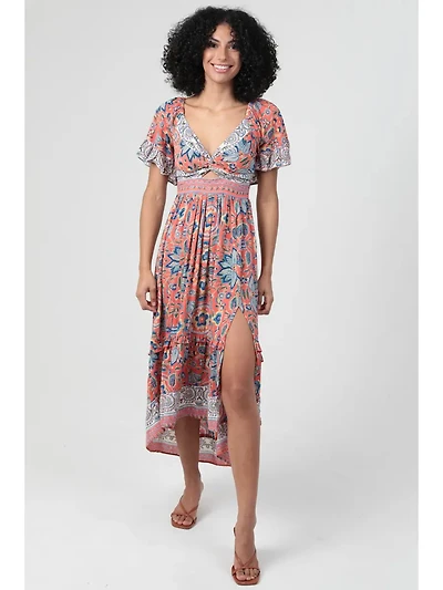 V Neck Twist Front Cut Out Side Slit Hi Lo Maxi Dress