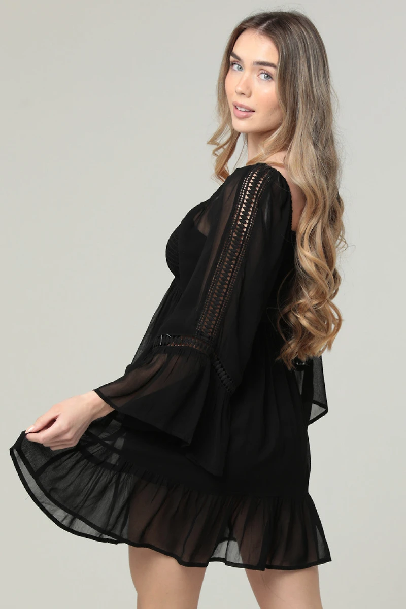 Black Bell Sleeve Chiffon Short Dress