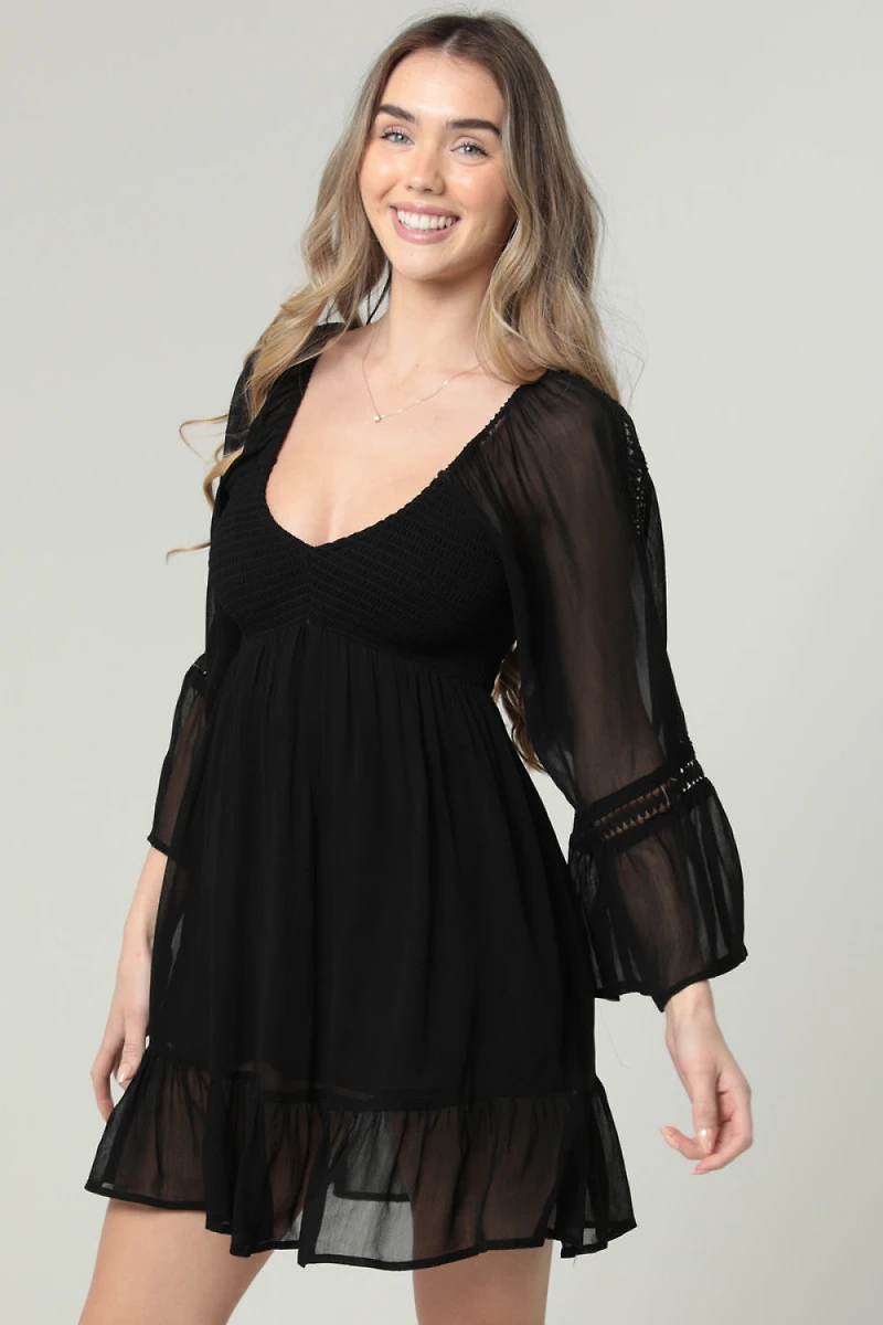 Black Bell Sleeve Chiffon Short Dress