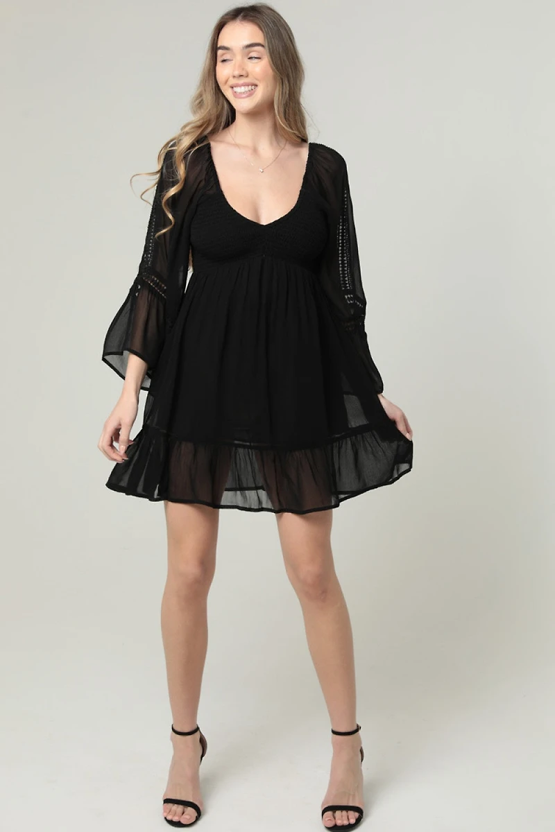 Black Bell Sleeve Chiffon Short Dress