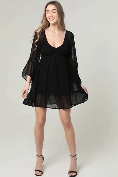 Black Bell Sleeve Chiffon Short Dress