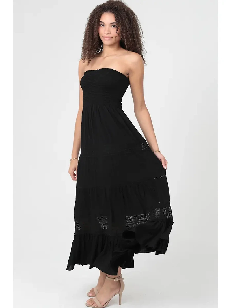 Lace Trim Smocked Bust Strapless Maxi Dress