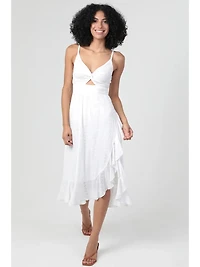 Twist Front Ruffle Hem Slit Midi Dress