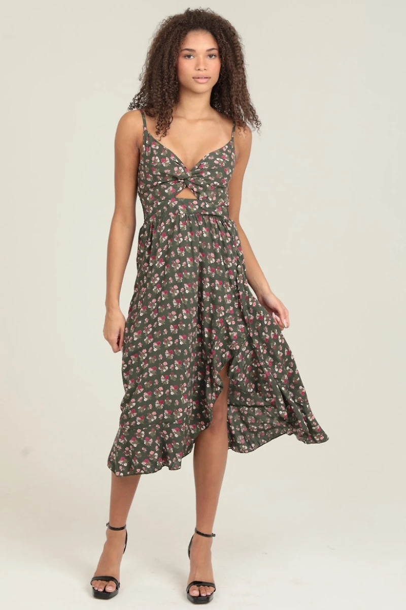 Green Floral Shaghetti Strap Dress