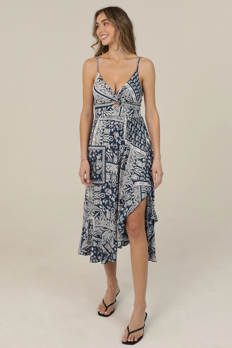 Twist Front Ruffle Hem With Slit Midi Dress