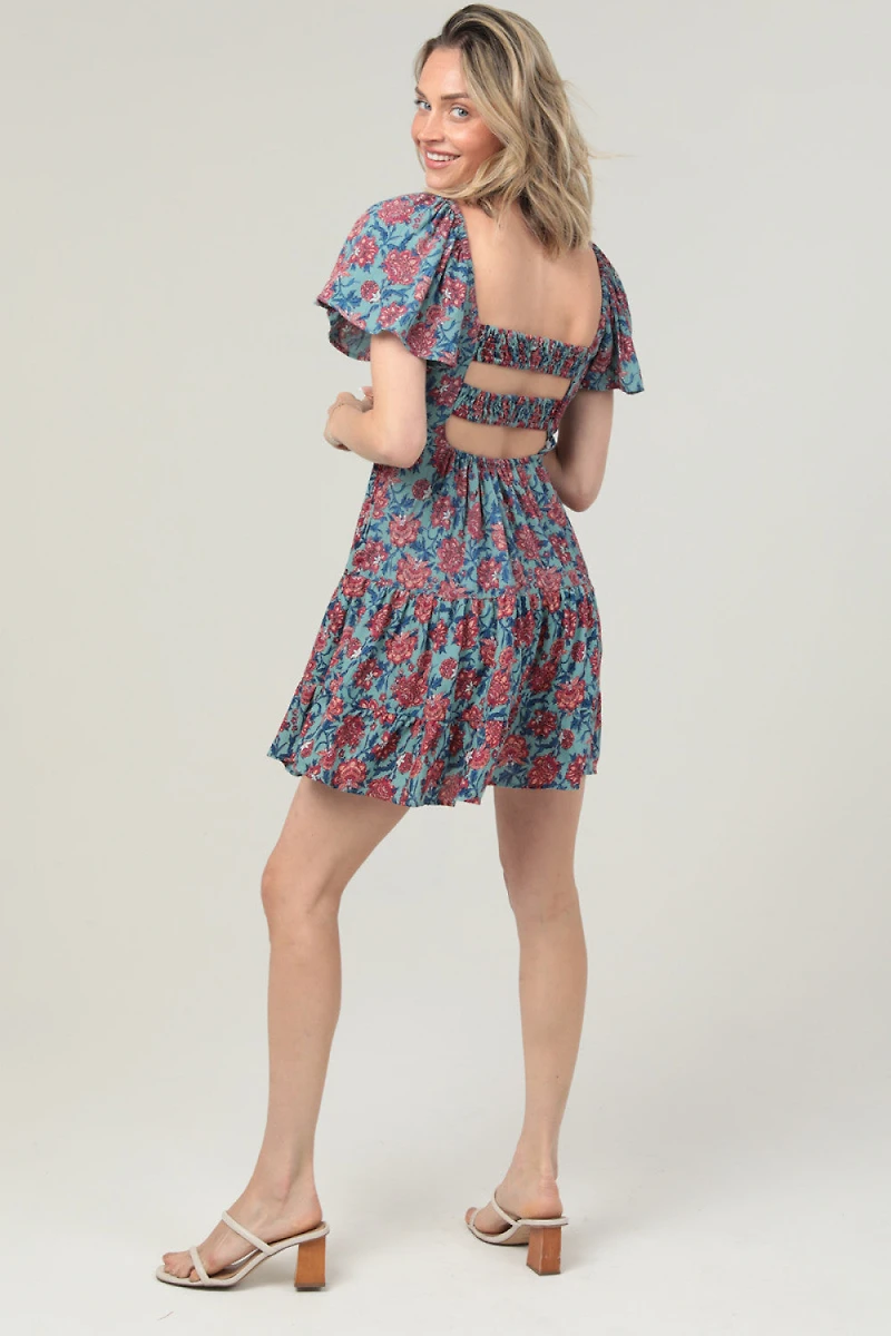Aqua Square Neck SS Dress With Faux Tie At