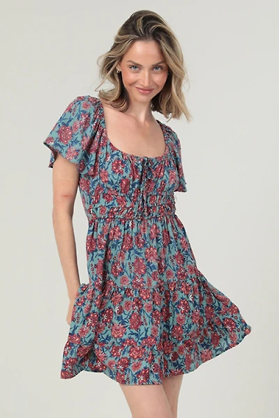 Aqua Square Neck SS Dress With Faux Tie At