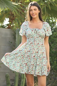 Aqua Flowy SS Dress With Tiered Hem And Waist Smocking