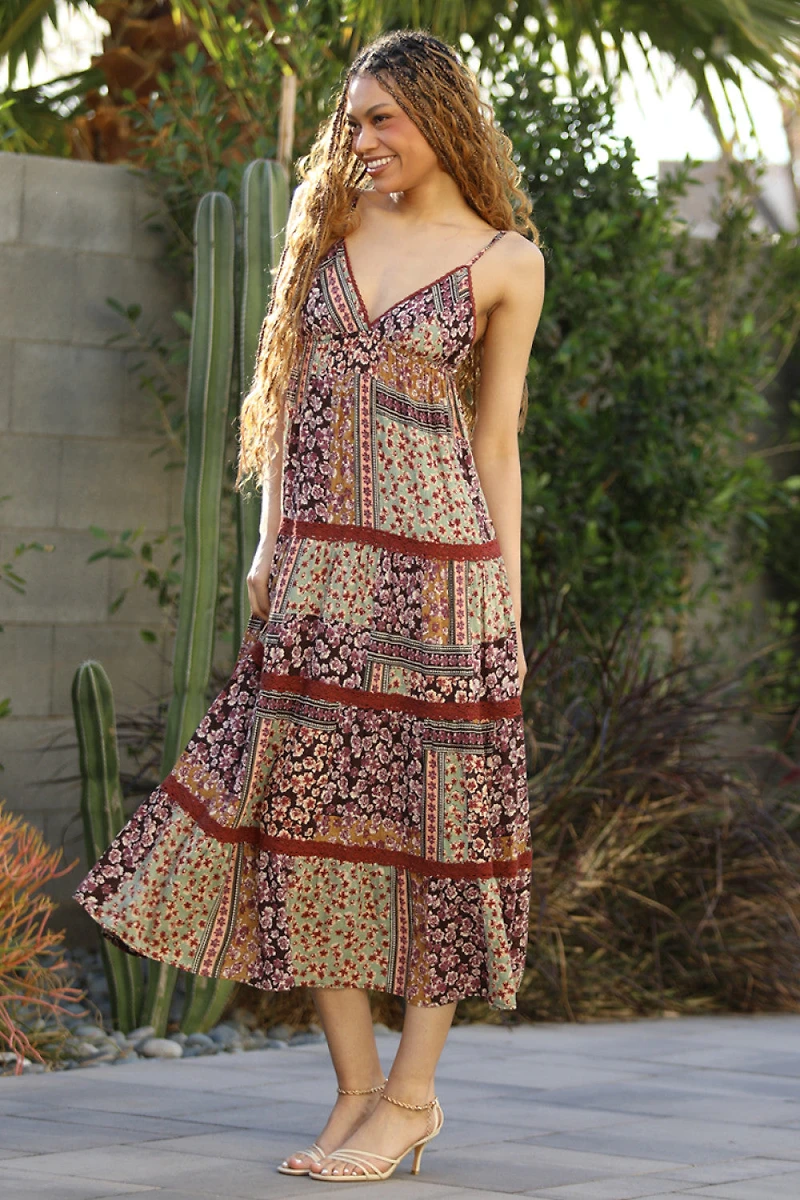 Espresso V Neck Maxi Dress With Spaghetti Straps