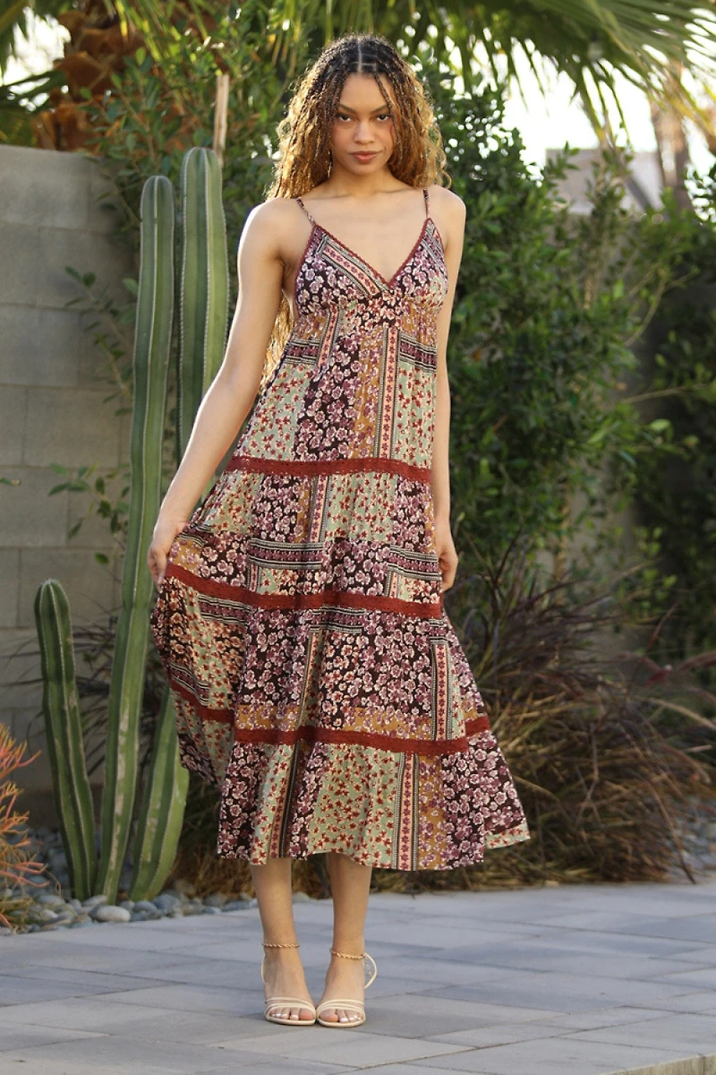 Espresso V Neck Maxi Dress With Spaghetti Straps