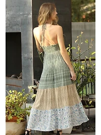 V Neck Printed Halter Maxi Dress
