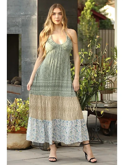 V Neck Printed Halter Maxi Dress