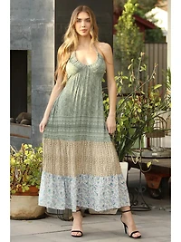 V Neck Printed Halter Maxi Dress