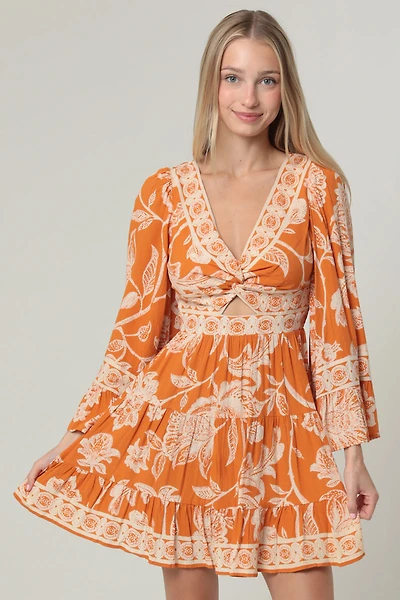 Spice Twist Front Tie Flare Slv Dress