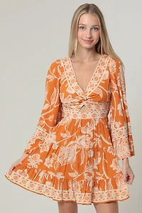 Spice Twist Front Tie Flare Slv Dress