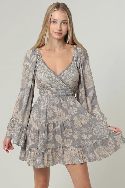 Silver Lurec Bell Sleeve Dress Witj Neckline Detailing