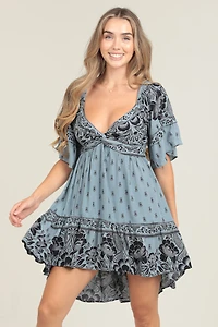 Blue Ruffle Sleeve V Neck Twist Front Dress