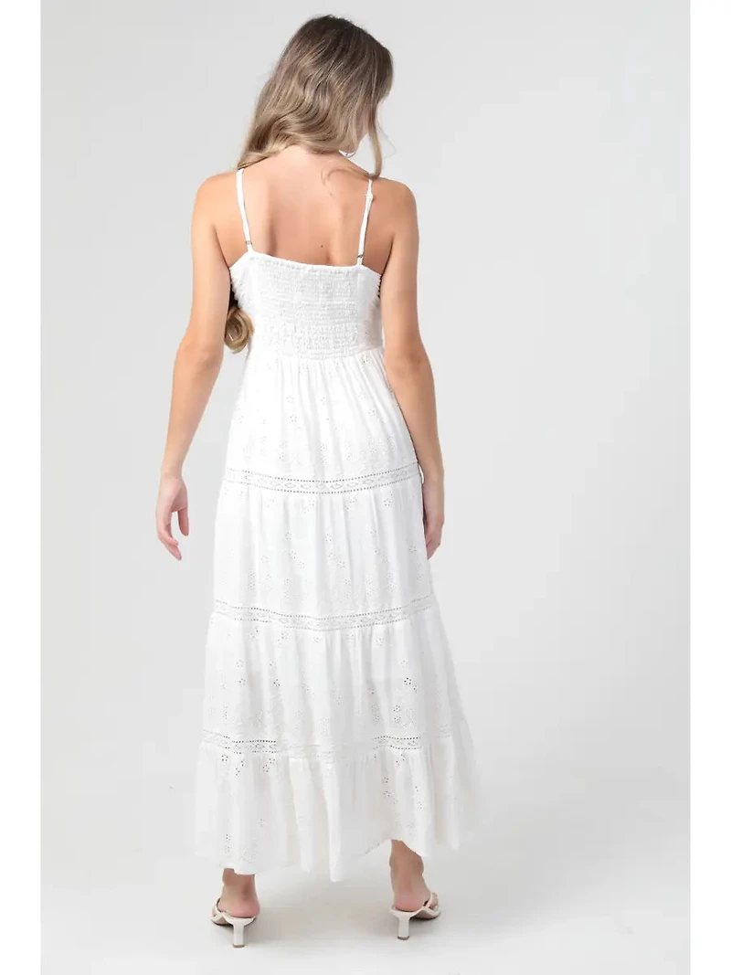 Twist Front Eyelet Embroidered Lace Trim Maxi Dress