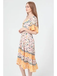 V Neck Twist Front Ruffle Sleeves Midi Dress