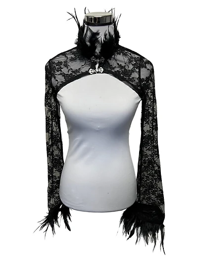 Lace Gothic Shawl W Mock Neck Feathers
