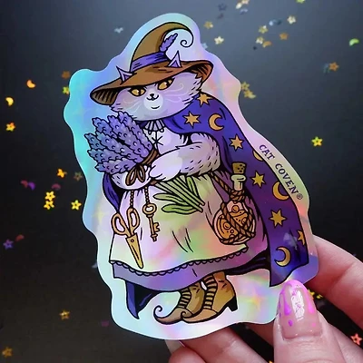 Lavender Cat Witch - Holographic Sticker