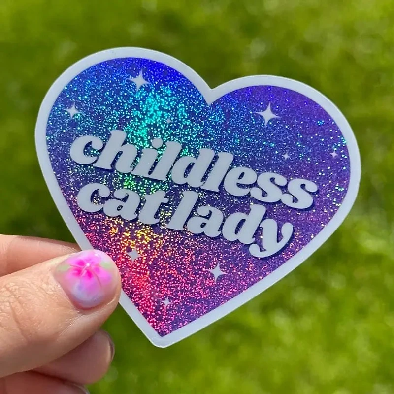 Childless Cat Lady Purple Glittery Heart Sticker