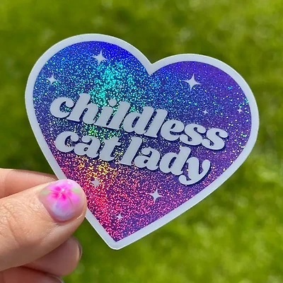 Childless Cat Lady Purple Glittery Heart Sticker