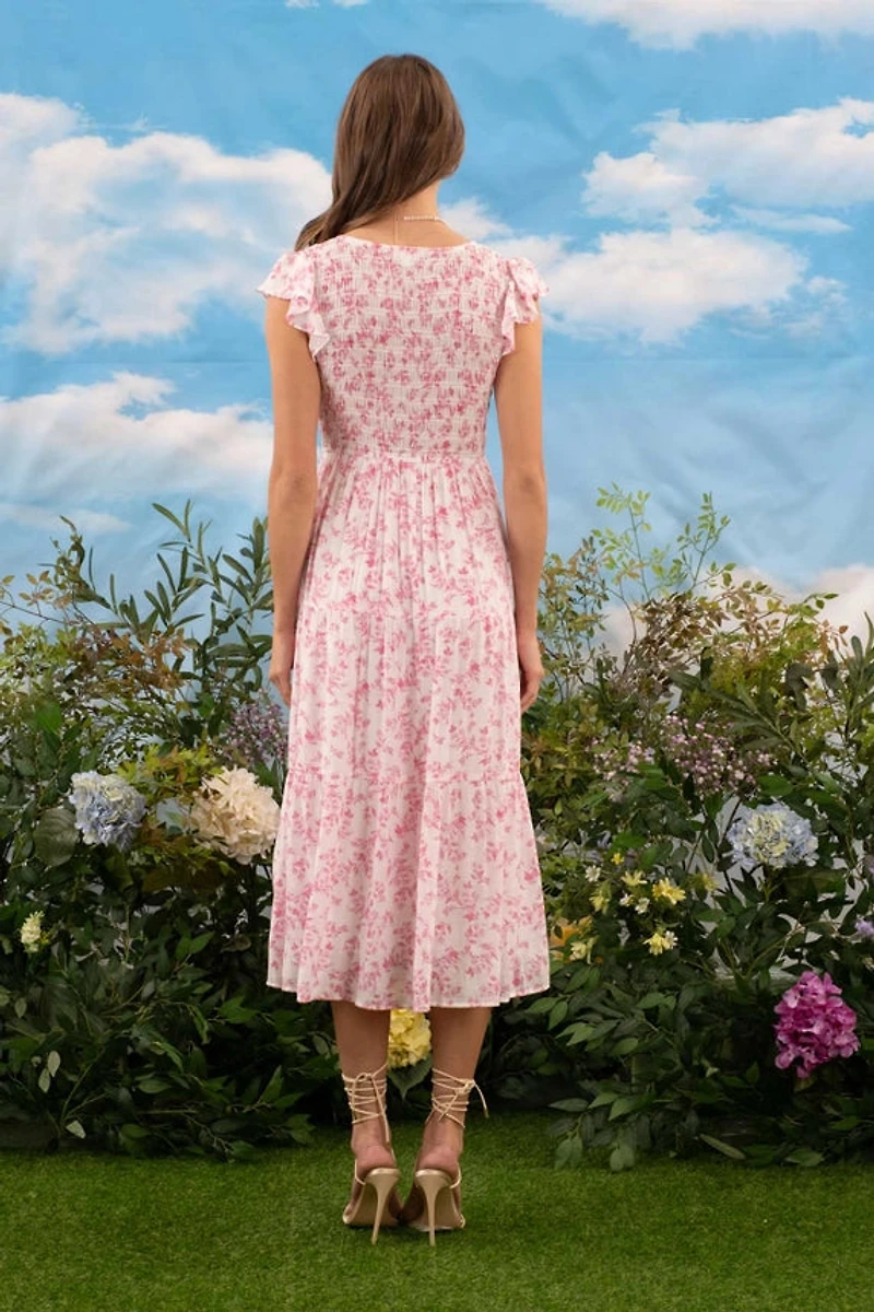 Floral V-Neck Smocked Short Sleeve Midi Dress Pink Multi