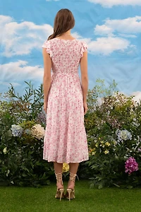 Floral V-Neck Smocked Short Sleeve Midi Dress Pink Multi