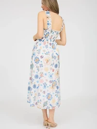 Fruit Print Smocked Sleeveless Midi Dress