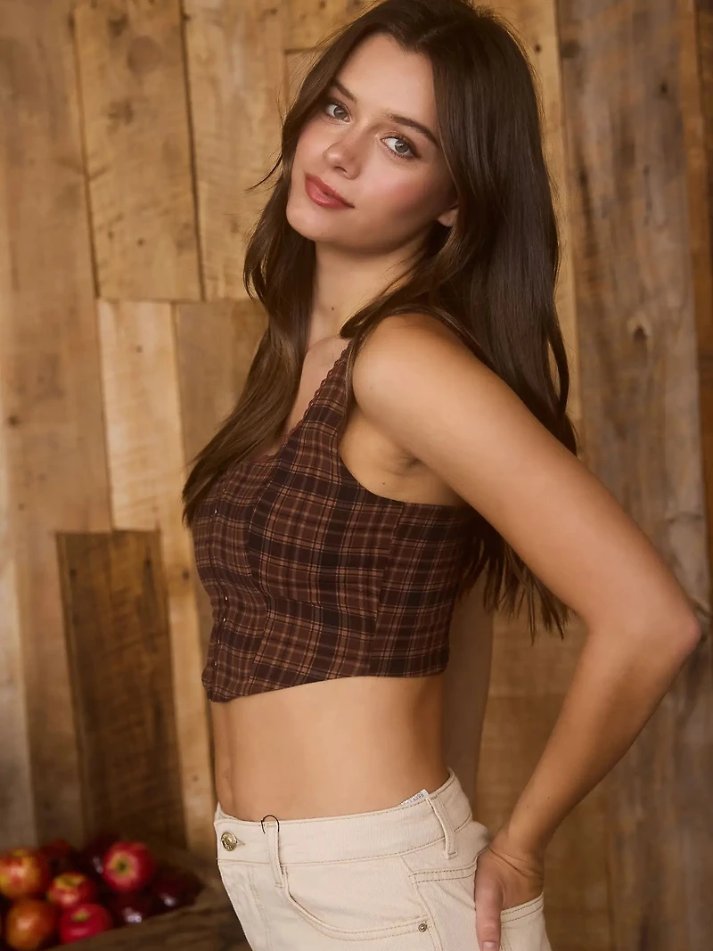 Brown Multi Plaid Lace Trim Cropped Corset Top