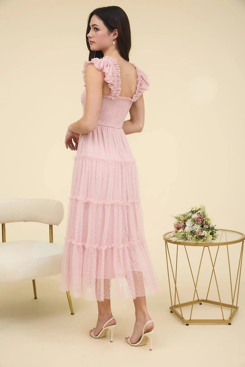 Polka Dot Chiffon Smocked Tiered Midi Dress