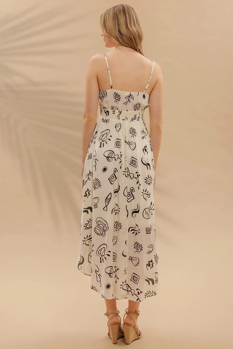 Doodle Print Shirred Waist Sleeveless Midi Dress