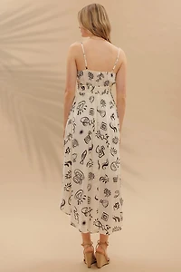 Doodle Print Shirred Waist Sleeveless Midi Dress