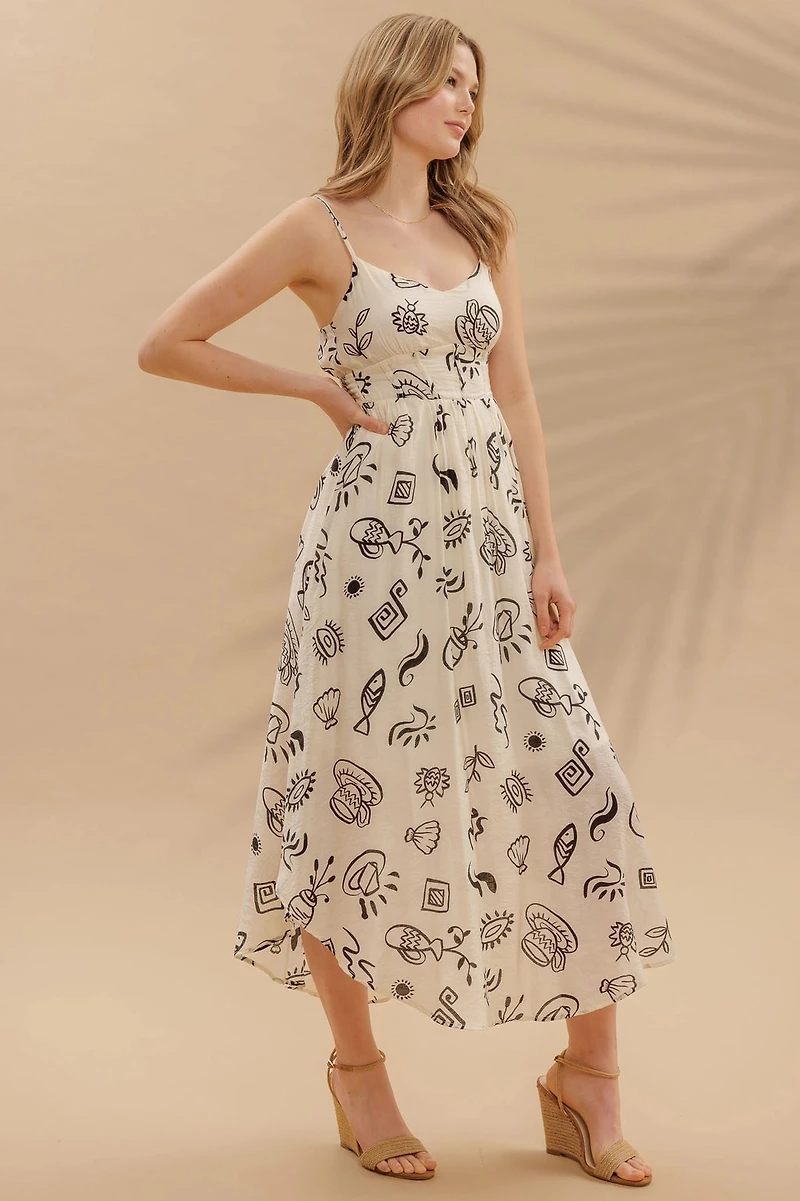 Doodle Print Shirred Waist Sleeveless Midi Dress