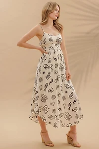 Doodle Print Shirred Waist Sleeveless Midi Dress