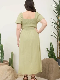 Lt Olive Smocked Front Tie Button Down Midi Sundress