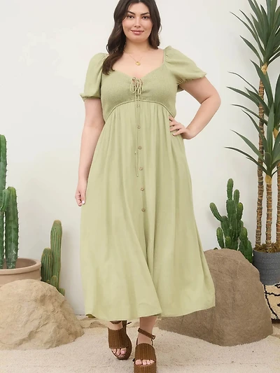 Lt Olive Smocked Front Tie Button Down Midi Sundress