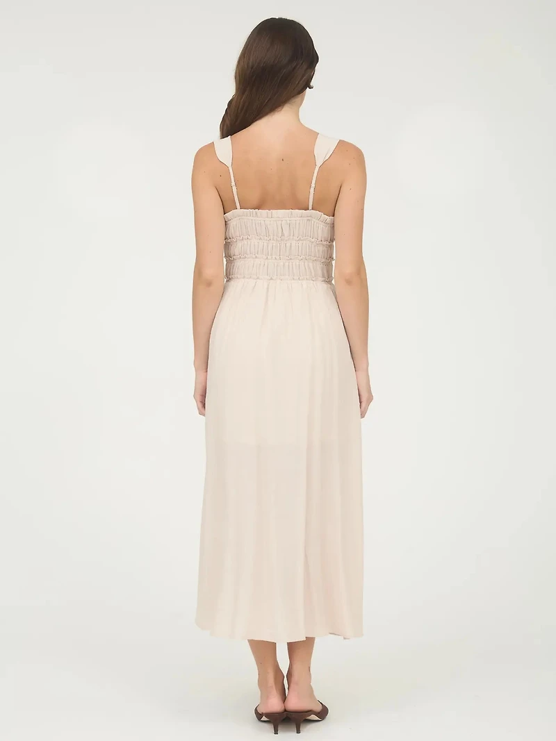Light Taupe Shirred Front Tie Detail Sleeveless Midi Dress