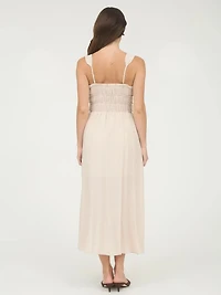 Light Taupe Shirred Front Tie Detail Sleeveless Midi Dress