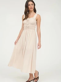 Light Taupe Shirred Front Tie Detail Sleeveless Midi Dress