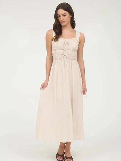 Light Taupe Shirred Front Tie Detail Sleeveless Midi Dress