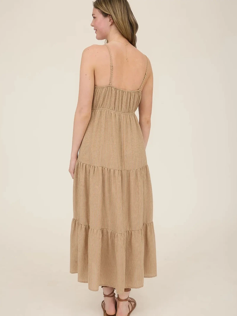 Khaki Stripe Front Tie Cut-Out Tiered Midi Sundress